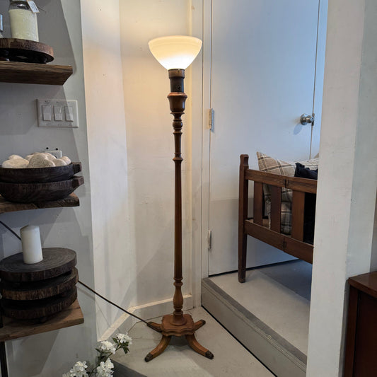 Vintage Floor Lamp - Wood w/Brass Tipped Feet