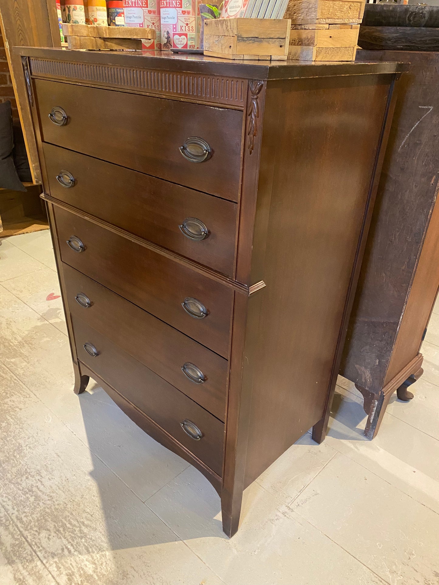 Vintage Dark Wood Tall Dresser - 5 Drawers - 10% OFF