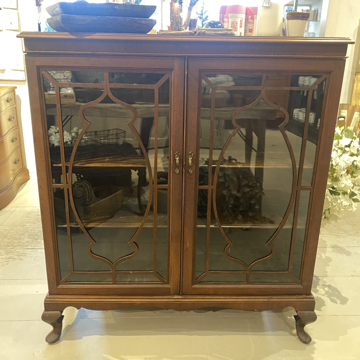 Vintage Dark Wood Glass Cabinet - 10% OFF