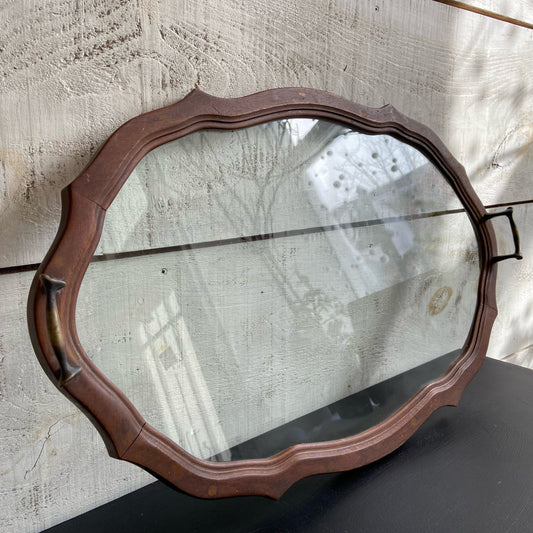 Vintage Glass + Wood Tray w/ Brass Handles