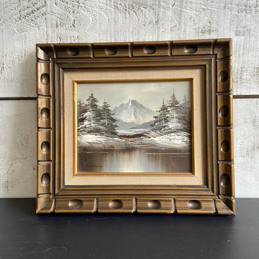 Vintage "Rumky" Winter Landscape Oil Painting in Wood Frame