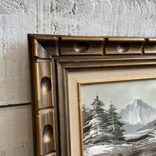 Vintage "Rumky" Winter Landscape Oil Painting in Wood Frame