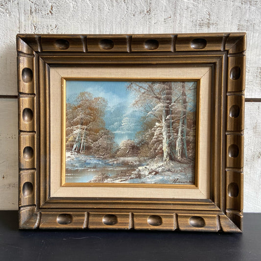 Vintage "Hanrey" Winter Landscape Oil Painting in Wood Frame