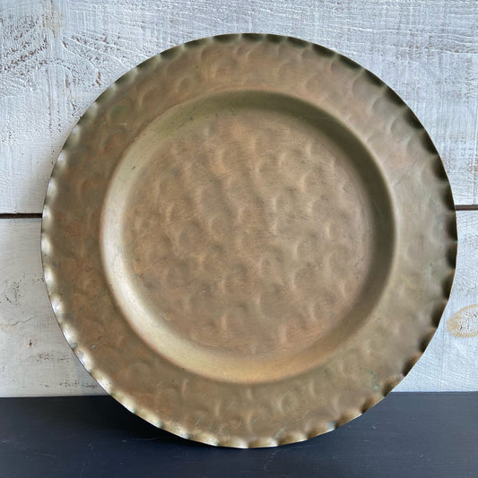 Vintage Hammered Copper Serving Tray w/ Scallop Edge