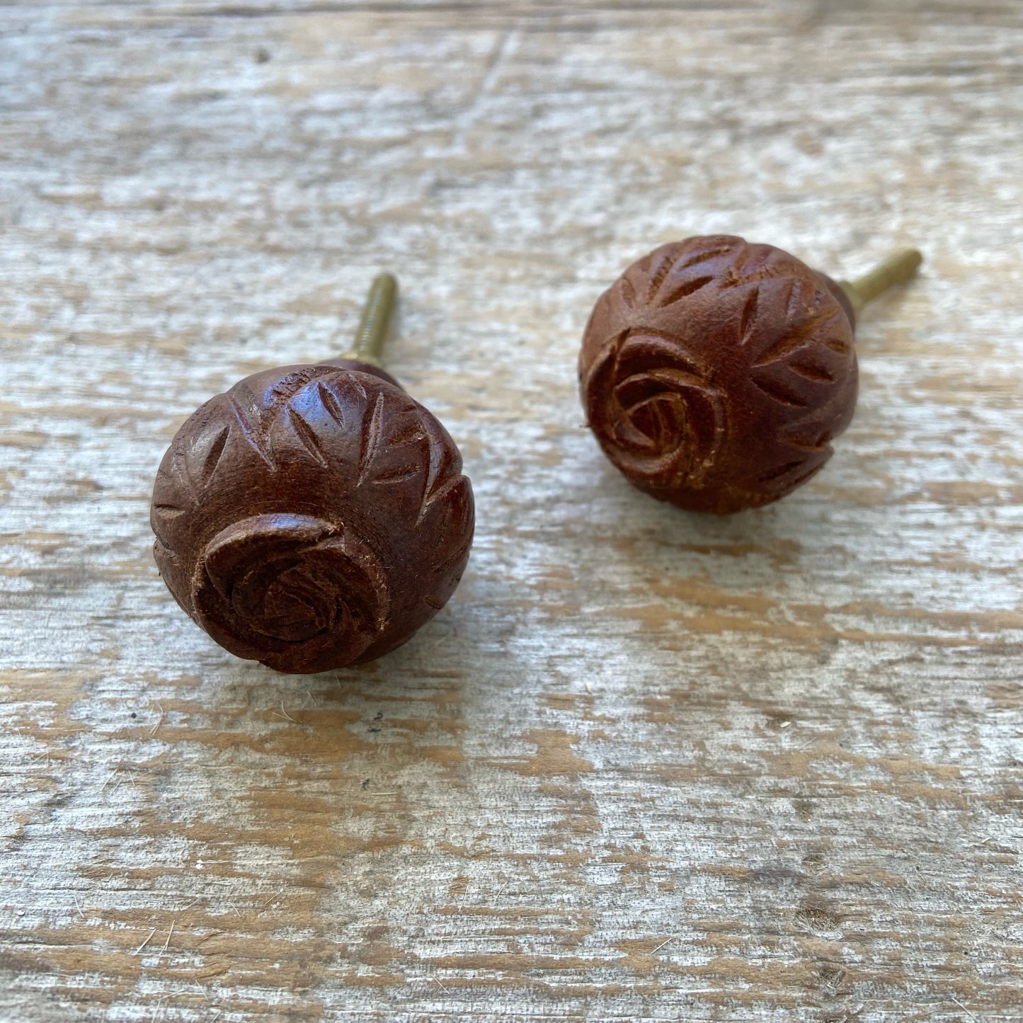 Knob: Wood Carved Rose - Brown