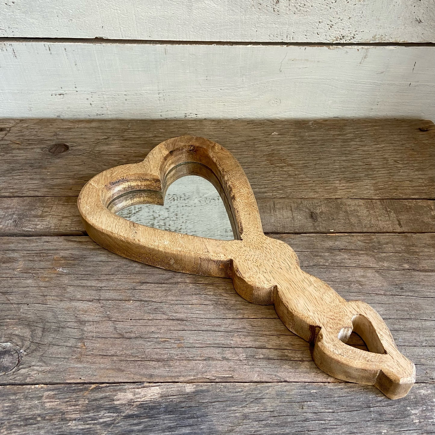 Wood Heart Mirror With Handle