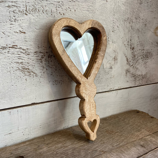 Wood Heart Mirror With Handle