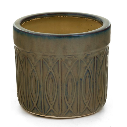 Embossed Ceramic Pot - Beige/Blue